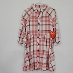 Wonder Nation Pink White Plaid Button-Up Shirt Dress XL 14-16 Girls NEW